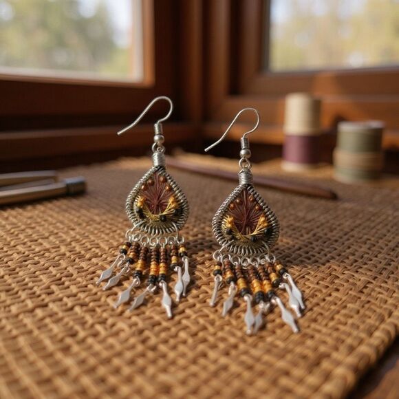 Peruvian Brown Silk Thread Beaded Dangle Earrings New - Picture 2 of 4